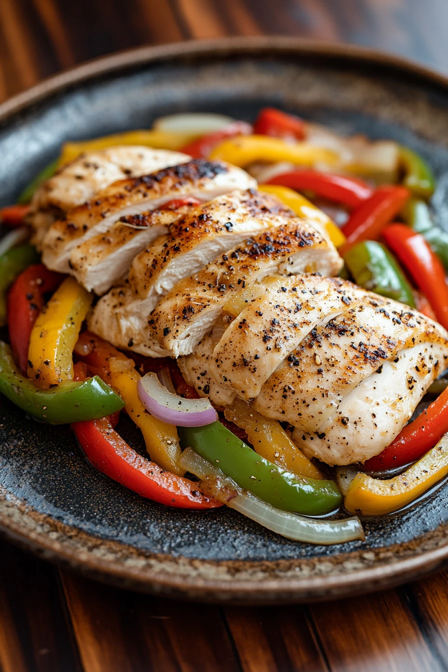 Close-up of crock pot chicken with vibrant peppers and onions in a warm, inviting setting.