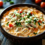 Close-up of crock pot chicken queso dip with creamy texture and warm lighting