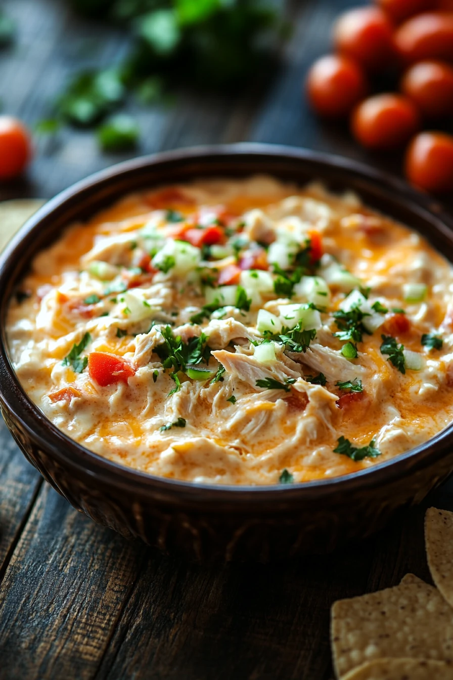 Close-up of crock pot chicken queso dip with creamy texture and warm lighting