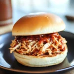 Close-up of a crock pot chicken sandwich with fresh ingredients and a clean background.