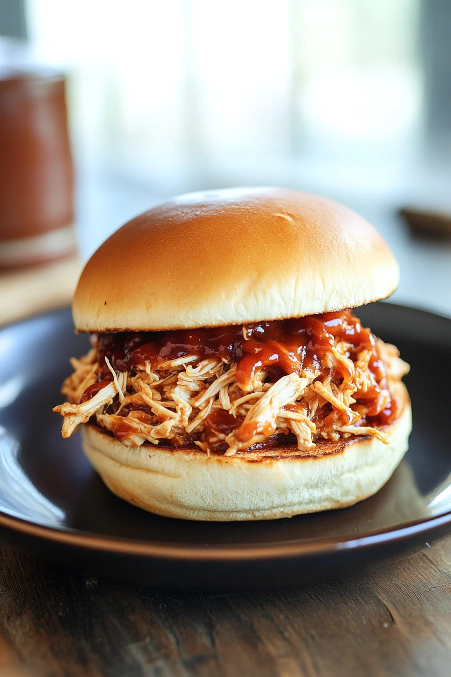 Close-up of a crock pot chicken sandwich with fresh ingredients and a clean background.