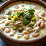 Close-up of dairy free slow cooker white chicken chili with visible chicken and creamy sauce.