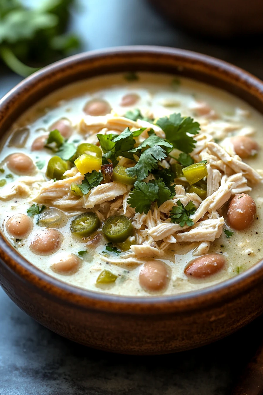 Close-up of dairy free slow cooker white chicken chili with visible chicken and creamy sauce.