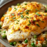 Close-up of a chicken breast and rice bake with creamy sauce and herbs