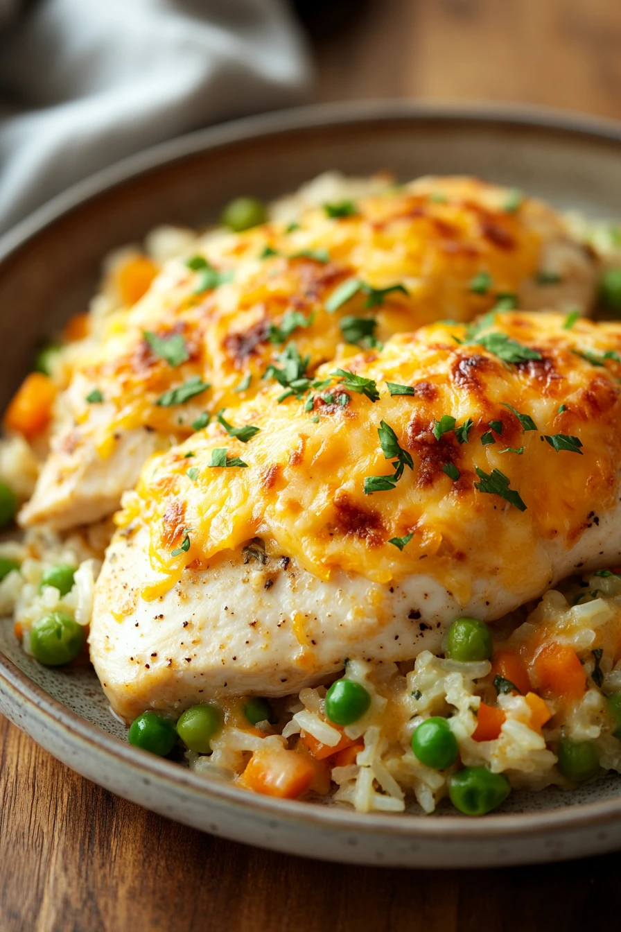 Close-up of a chicken breast and rice bake with creamy sauce and herbs