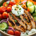 Close-up of a chicken breast bowl with vegetables and creamy sauce