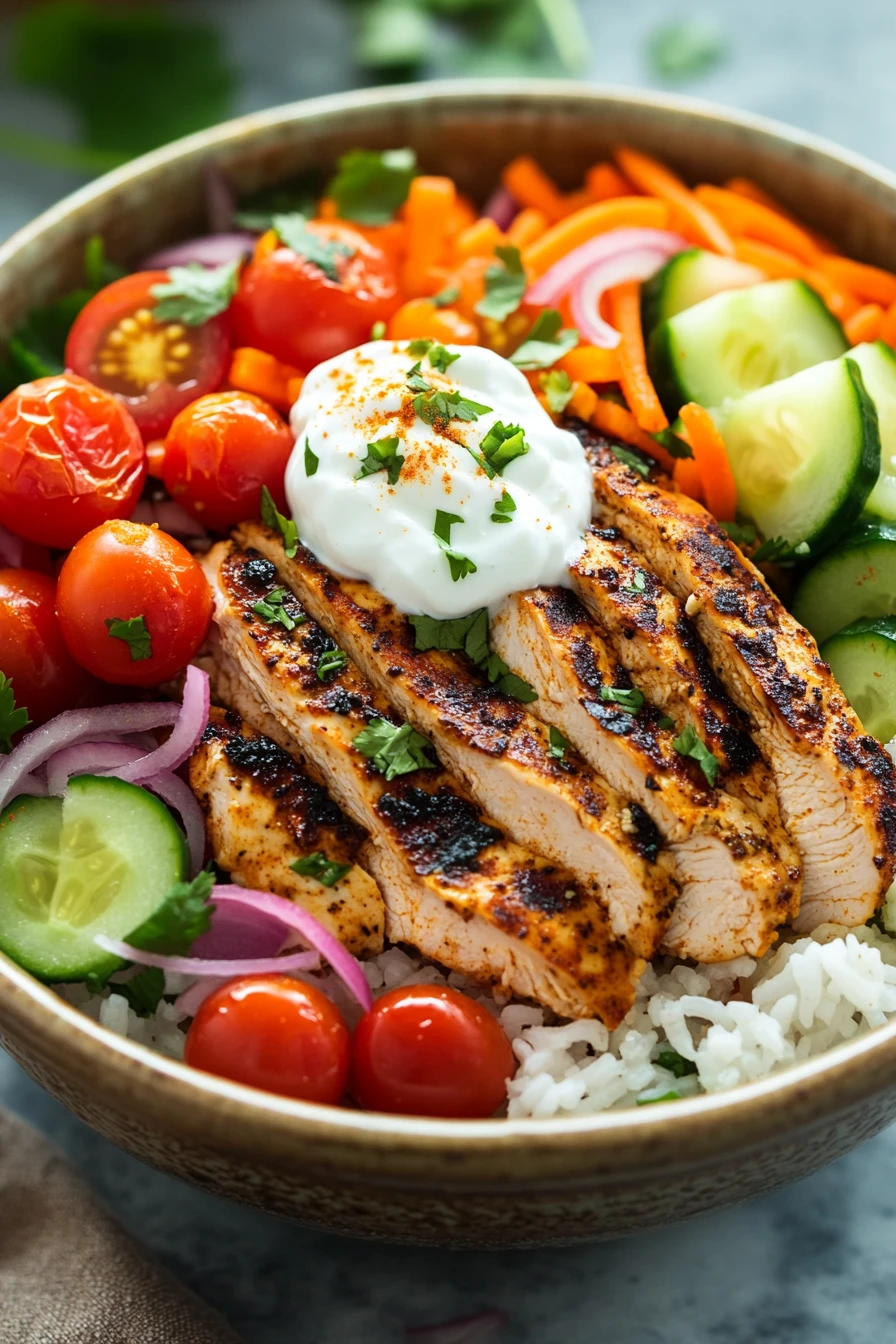 Close-up of a chicken breast bowl with vegetables and creamy sauce