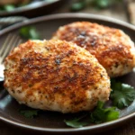 Close-up of golden chicken breast patties on a white plate with minimal background.