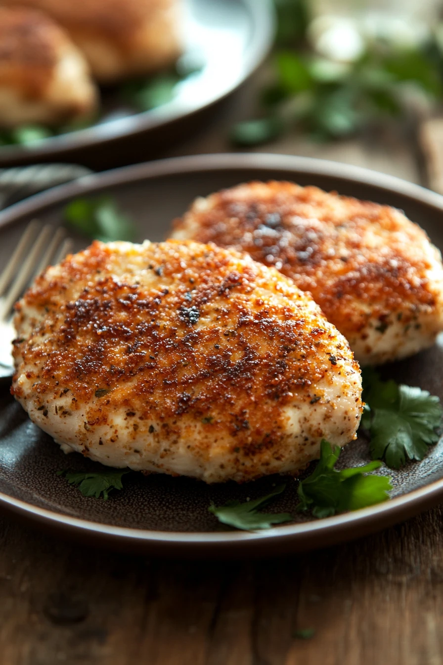 Close-up of golden chicken breast patties on a white plate with minimal background.