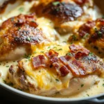 Close-up of a chicken casserole with creamy sauce, garnished with herbs, in a warm, inviting setting.