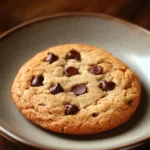 Close-up of a chocolate chip cookie with visible chocolate chunks on a clean background.
