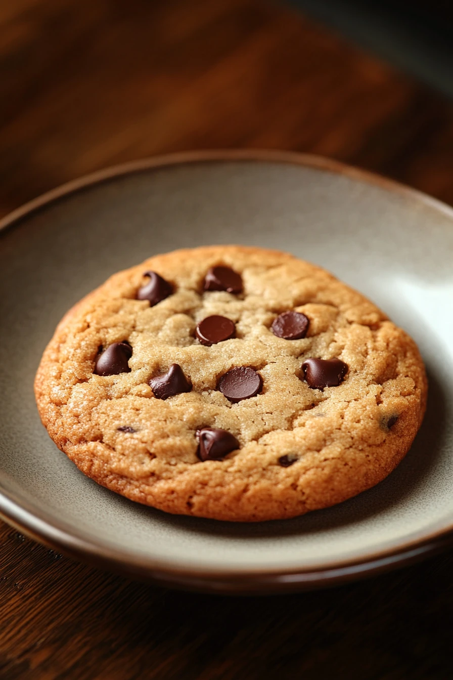 Close-up of a chocolate chip cookie with visible chocolate chunks on a clean background.