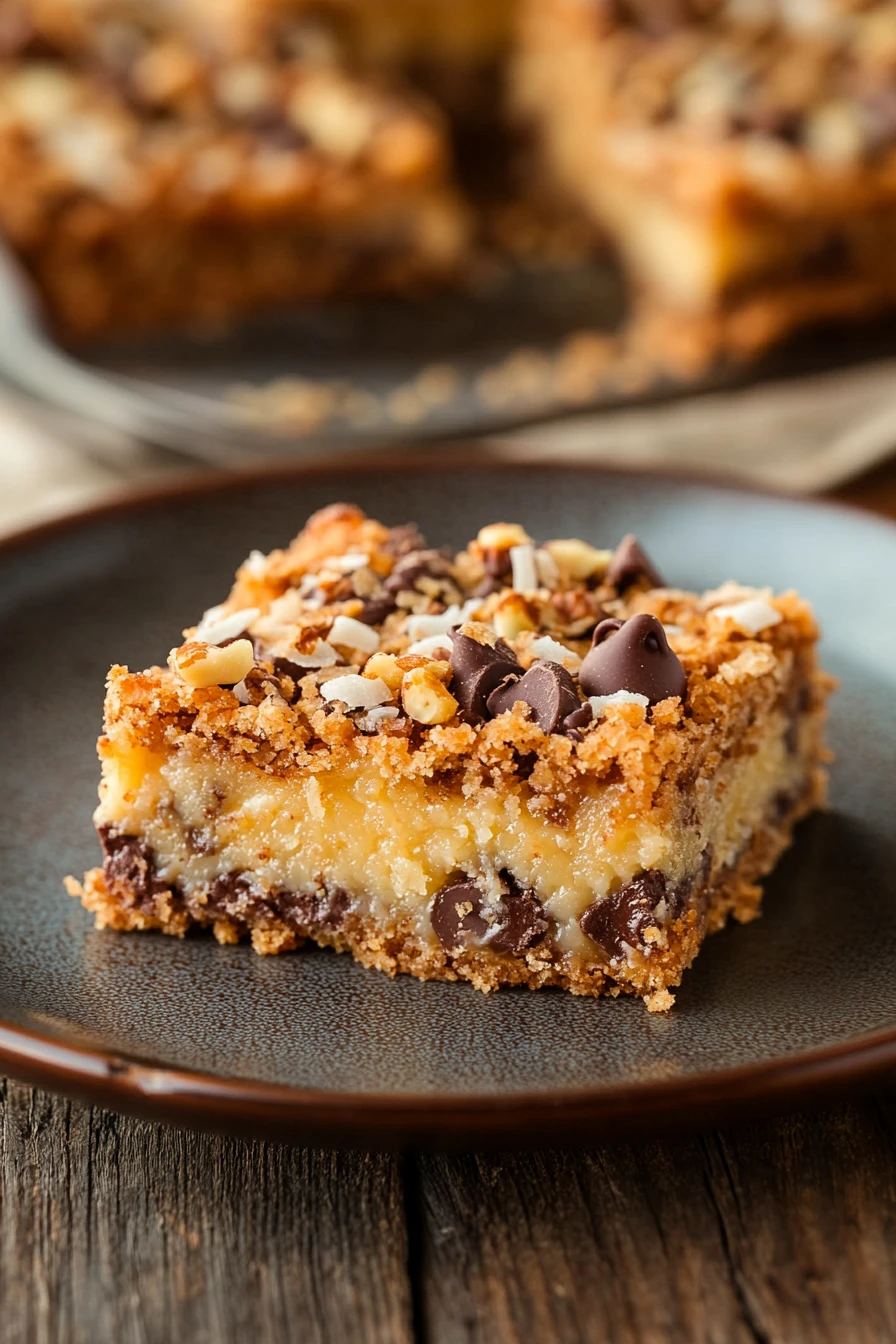 Close-up of a magic cookie bar with layers of chocolate, coconut, and nuts.