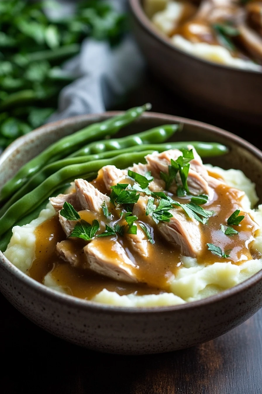 Close-up of a turkey dinner bowl with vegetables and grains, bright and appetizing.
