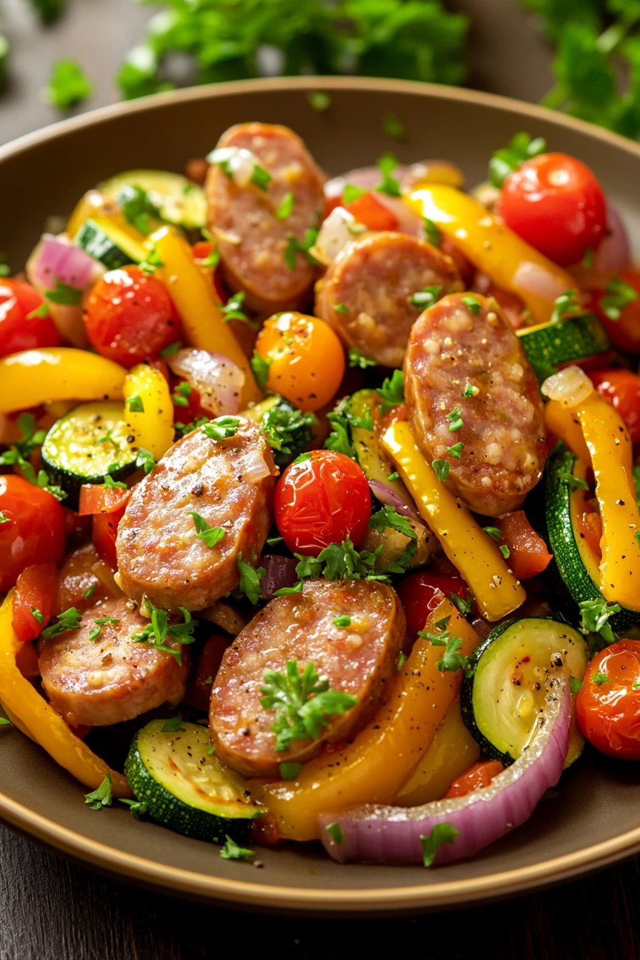Close-up of a dinner dish with turkey sausage, vegetables, and herbs
