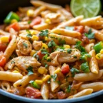 Close-up of a creamy fiesta chicken pasta skillet with visible chicken pieces and sauce.
