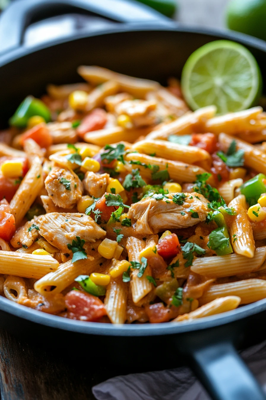 Close-up of a creamy fiesta chicken pasta skillet with visible chicken pieces and sauce.