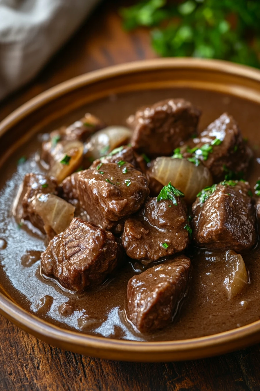 Close-up of beef tips and gravy in a rich sauce with a clean background.