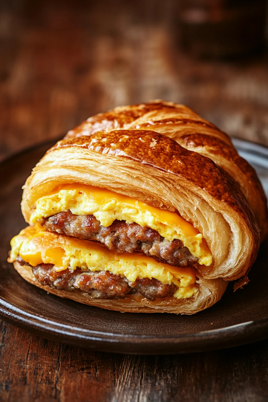 Close-up of a croissant breakfast sandwich with egg and cheese on a white plate.