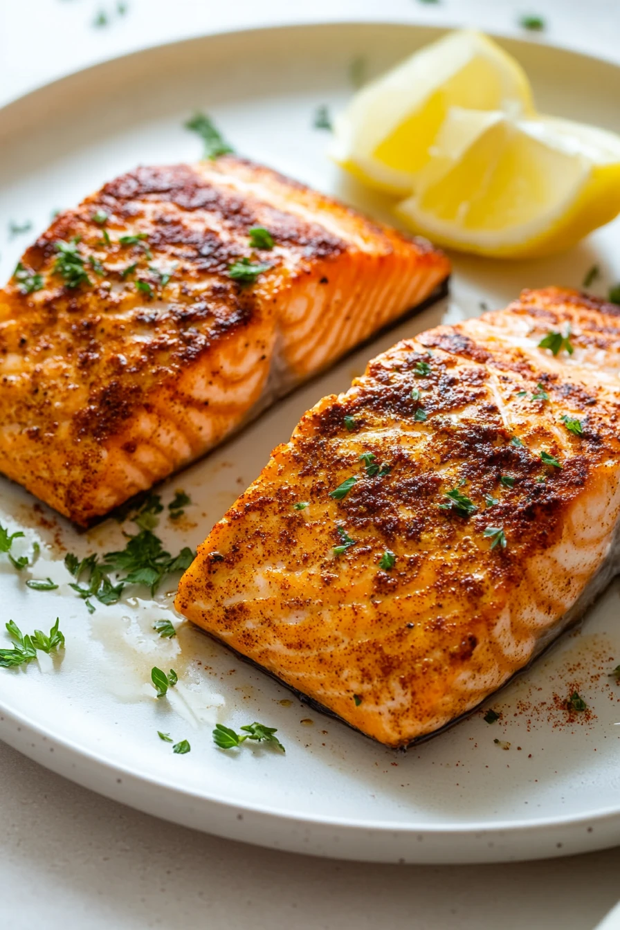 Close-up of frozen salmon cooked in an air fryer with a golden crust and garnished with herbs.