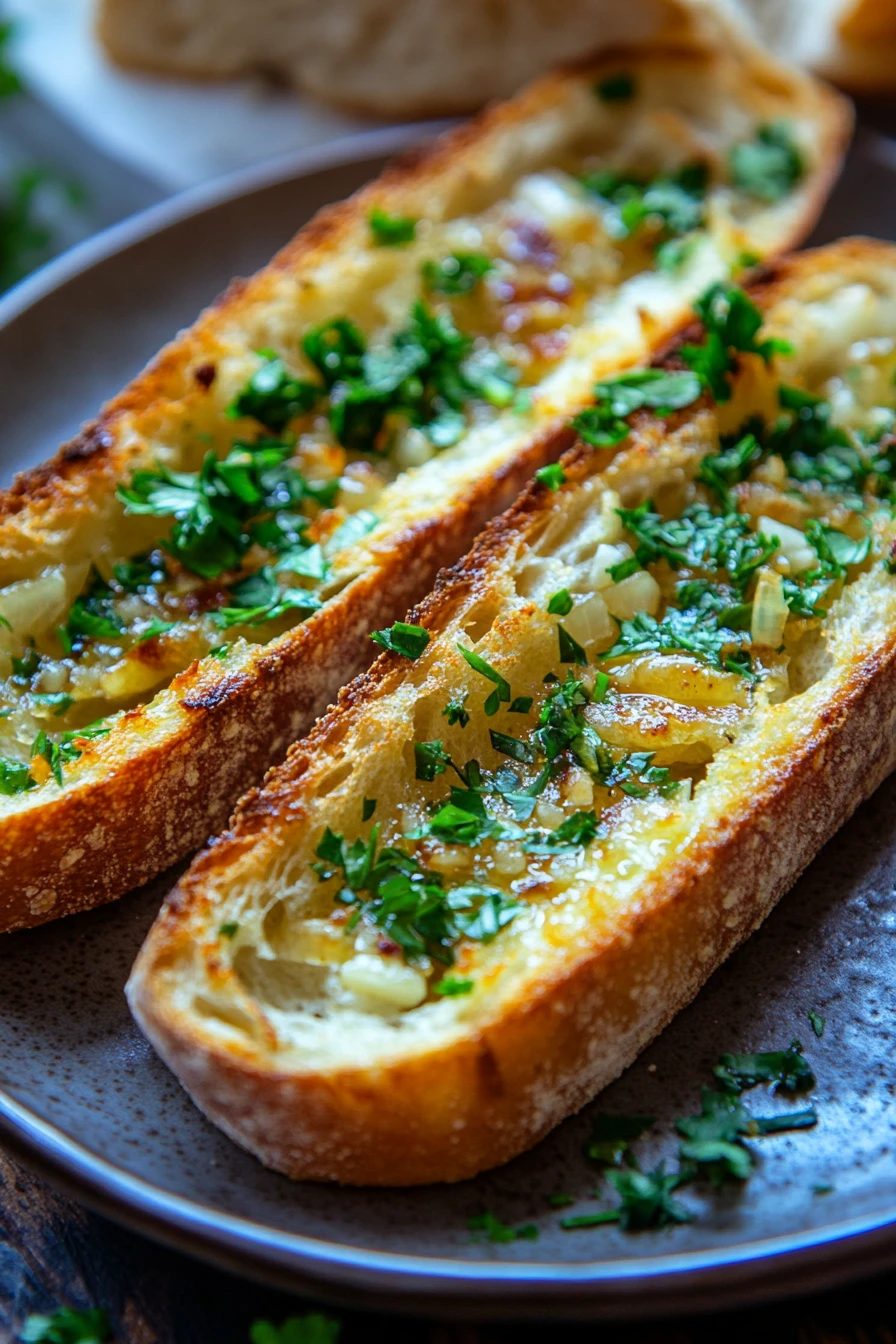 When You Need Garlic Bread Without Butter for a Cozy Dinner Night 2 Close-up of garlic bread slices with golden crust and herbs on a wooden board.