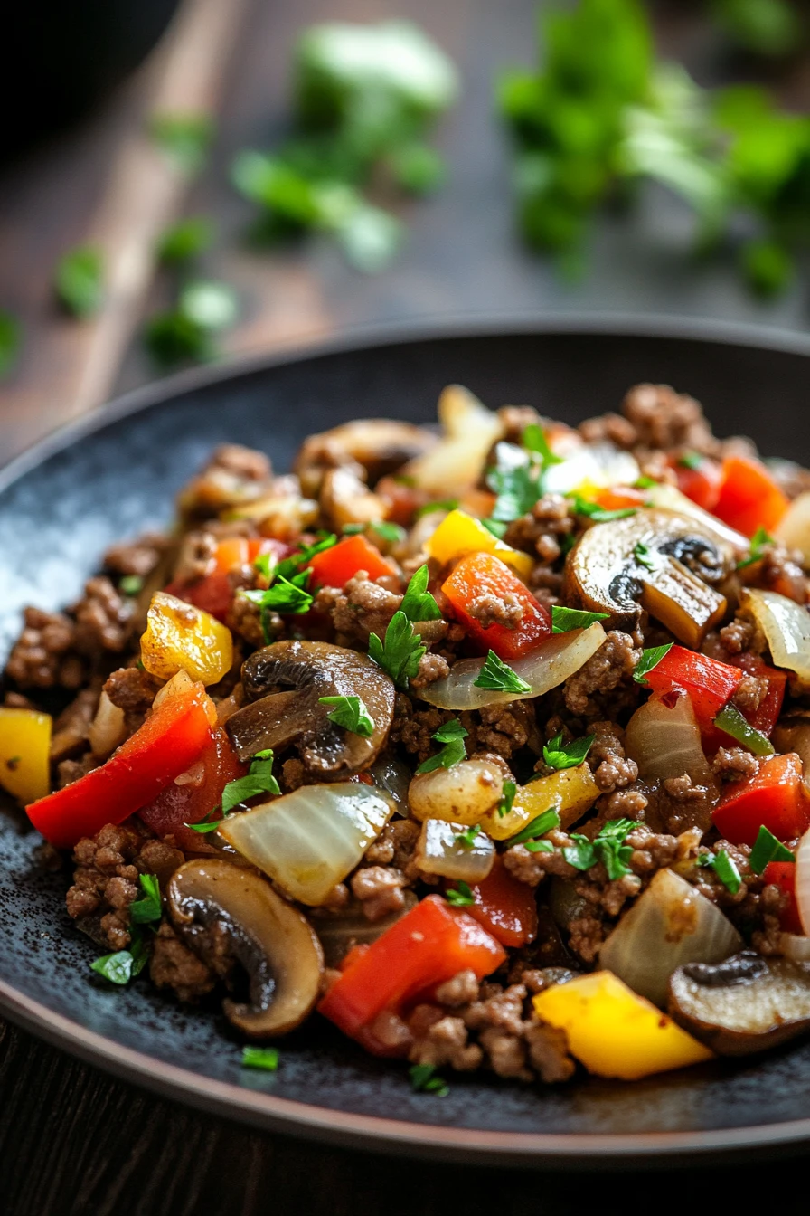 Close-up of a hearty gluten free ground beef dish with bright natural lighting and clean background.
