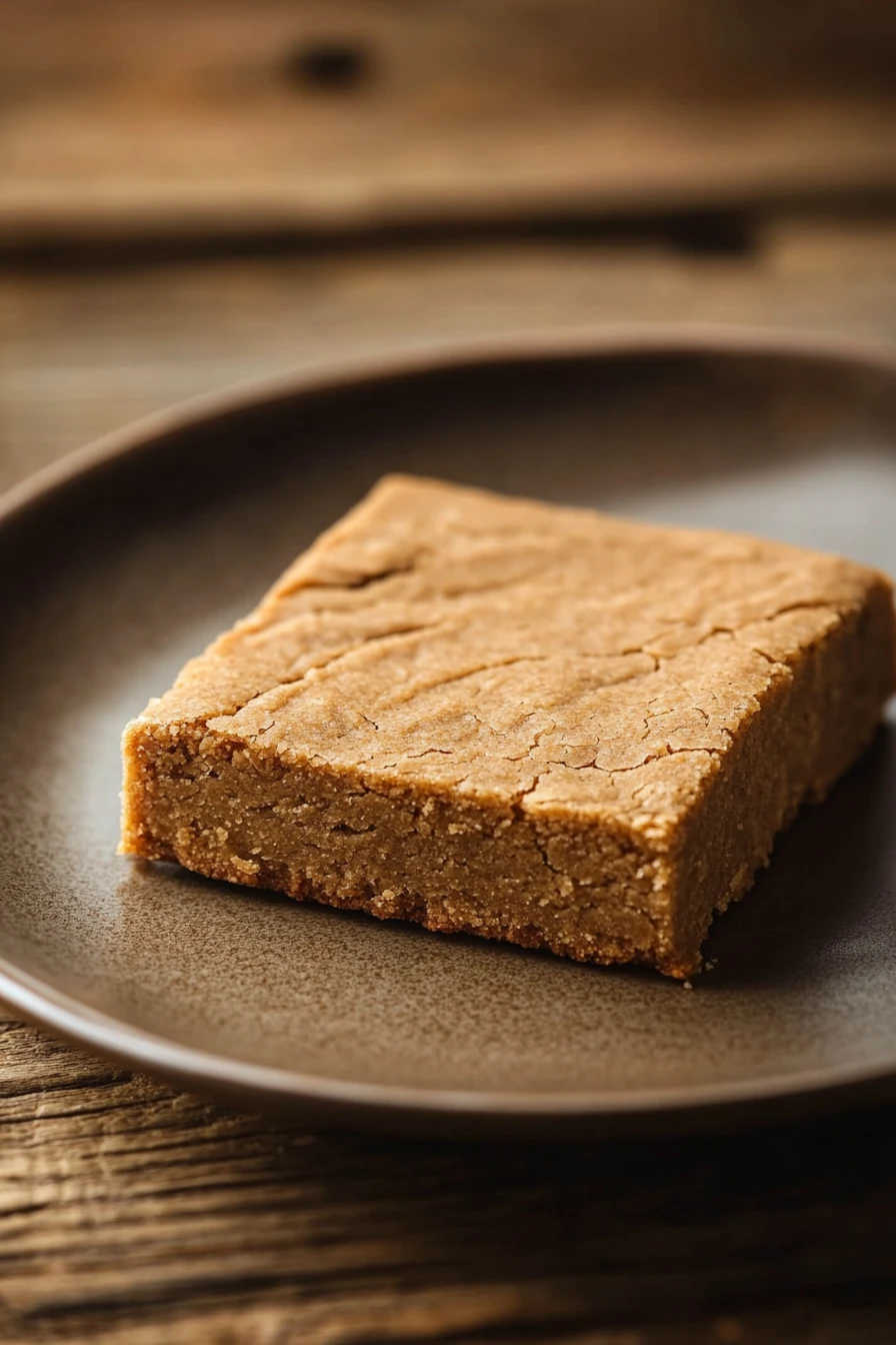Close-up of gluten free peanut butter cookie bar with a golden crust and visible texture