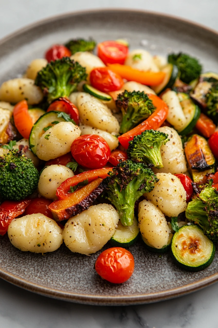 Close-up of a vibrant gnocchi sheet pan dinner with vegetables and herbs, showcasing a vegan meal.