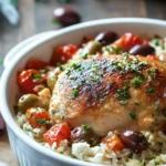 Close-up of a Greek chicken rice casserole with golden crust and herbs