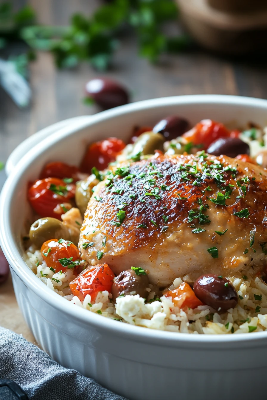 Close-up of a Greek chicken rice casserole with golden crust and herbs