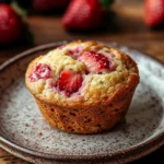 Close-up of greek yogurt strawberry muffin with fresh strawberries on top