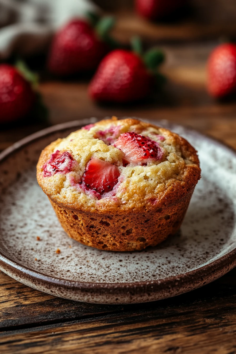 Close-up of greek yogurt strawberry muffin with fresh strawberries on top