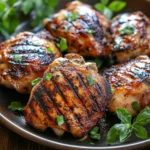 Close-up of grilled air fryer chicken thighs with a golden-brown crust.