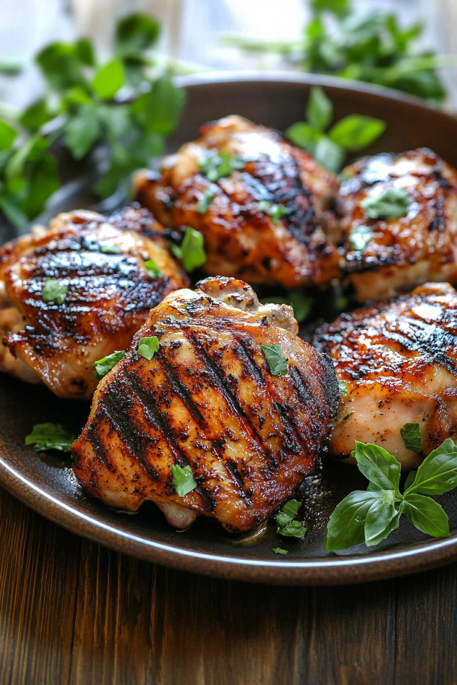 Close-up of grilled air fryer chicken thighs with a golden-brown crust.