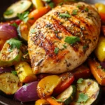 Close-up of grilled chicken breast with colorful vegetables on a plate