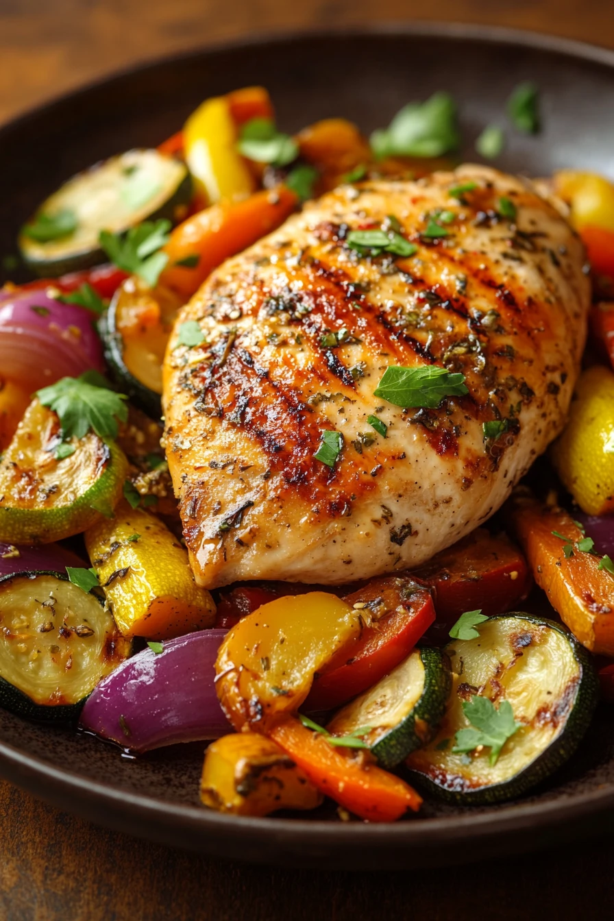 Close-up of grilled chicken breast with colorful vegetables on a plate