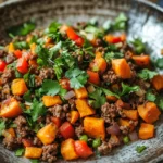Close-up of a dish with ground beef and sweet potato, garnished with herbs.