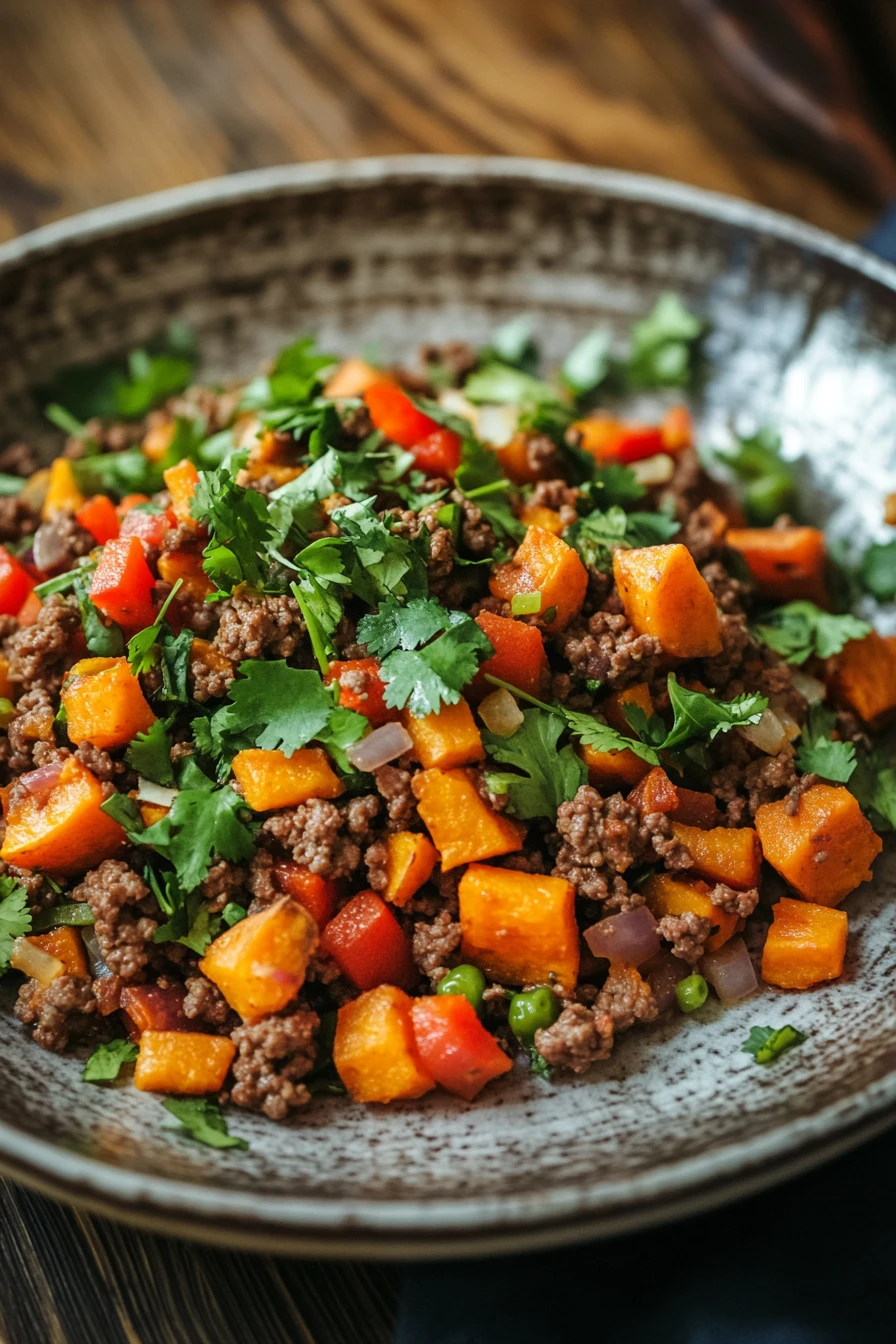 Close-up of a dish with ground beef and sweet potato, garnished with herbs.
