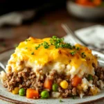 Close-up of a delicious ground beef casserole with melted cheese and herbs