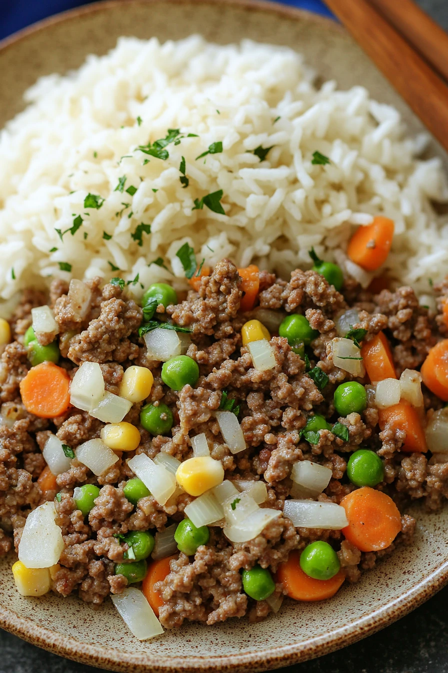 Close-up of a hearty ground beef dinner with vegetables on a white plate.