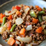 Close-up of a hearty ground beef dish with vegetables, perfect for a no dairy dinner.