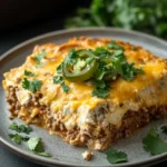 Close-up of a ground beef jalapeno popper casserole with melted cheese and jalapeno slices.