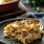 Close-up of ground beef mac and cheese casserole with creamy sauce and pasta