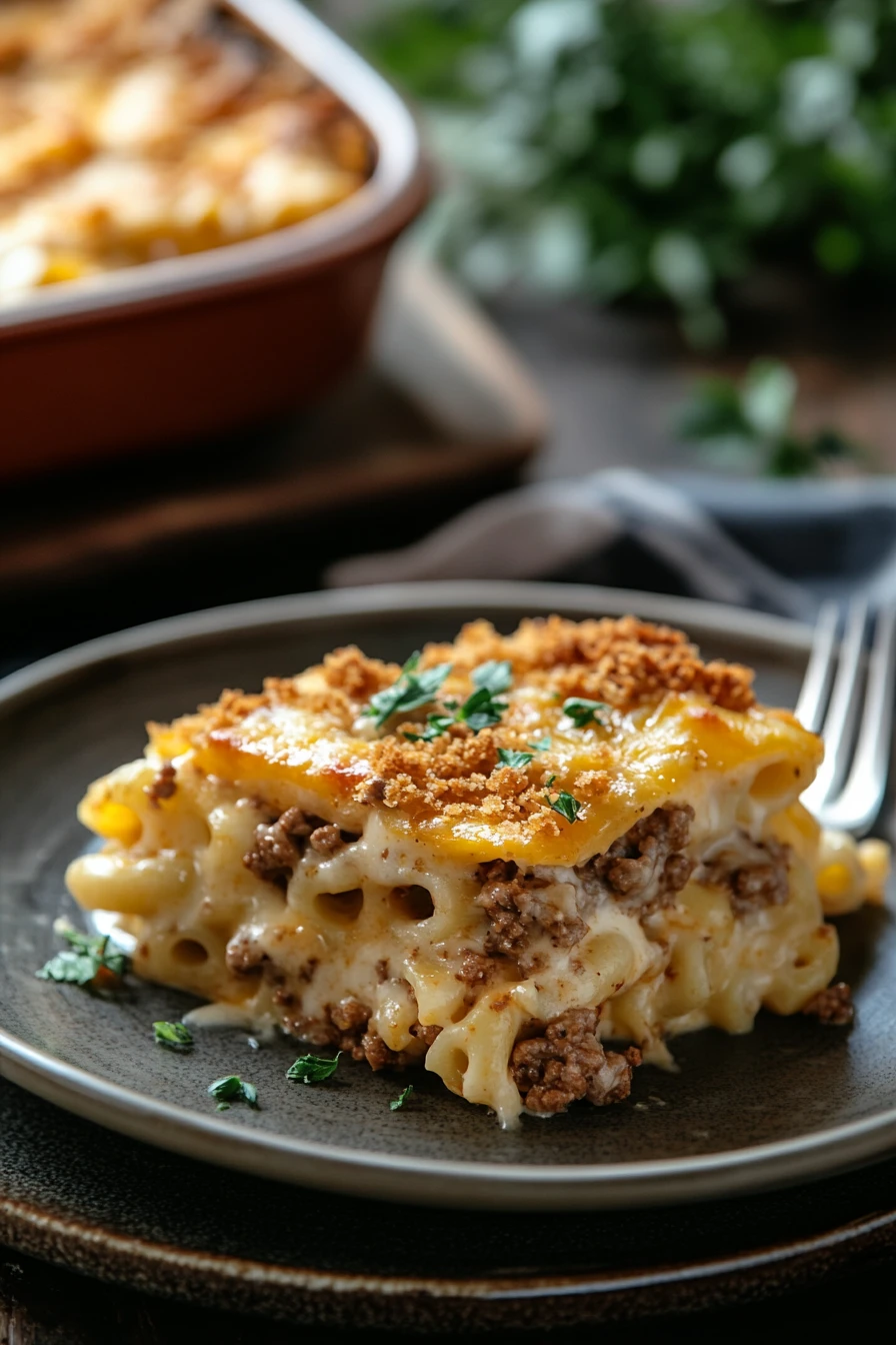 Close-up of ground beef mac and cheese casserole with creamy sauce and pasta