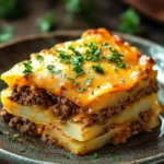 Close-up of a delicious ground beef potato casserole with melted cheese and herbs.