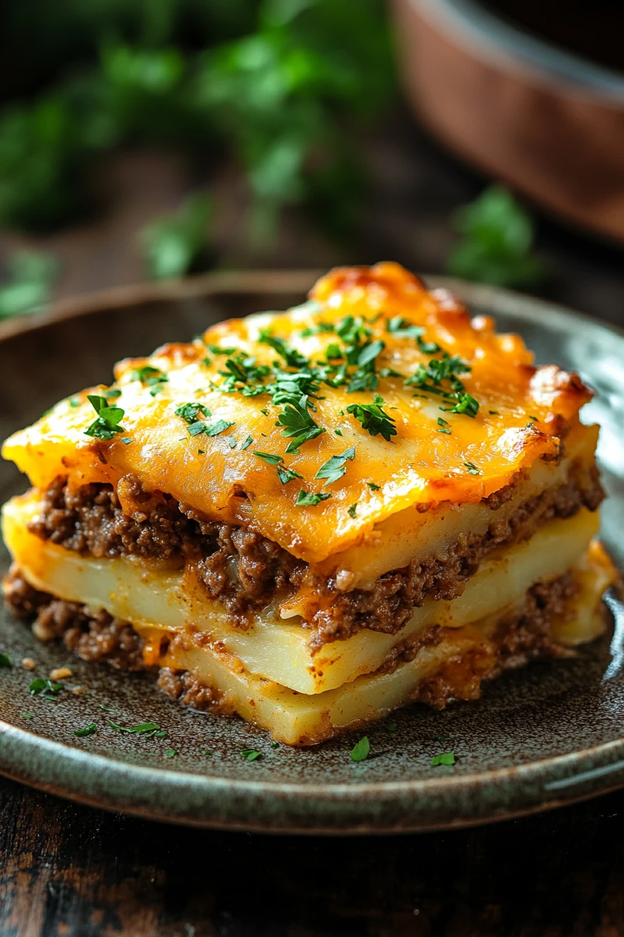 Close-up of a delicious ground beef potato casserole with melted cheese and herbs.