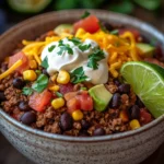 Close-up of ground beef taco bowls with fresh toppings and vibrant colors