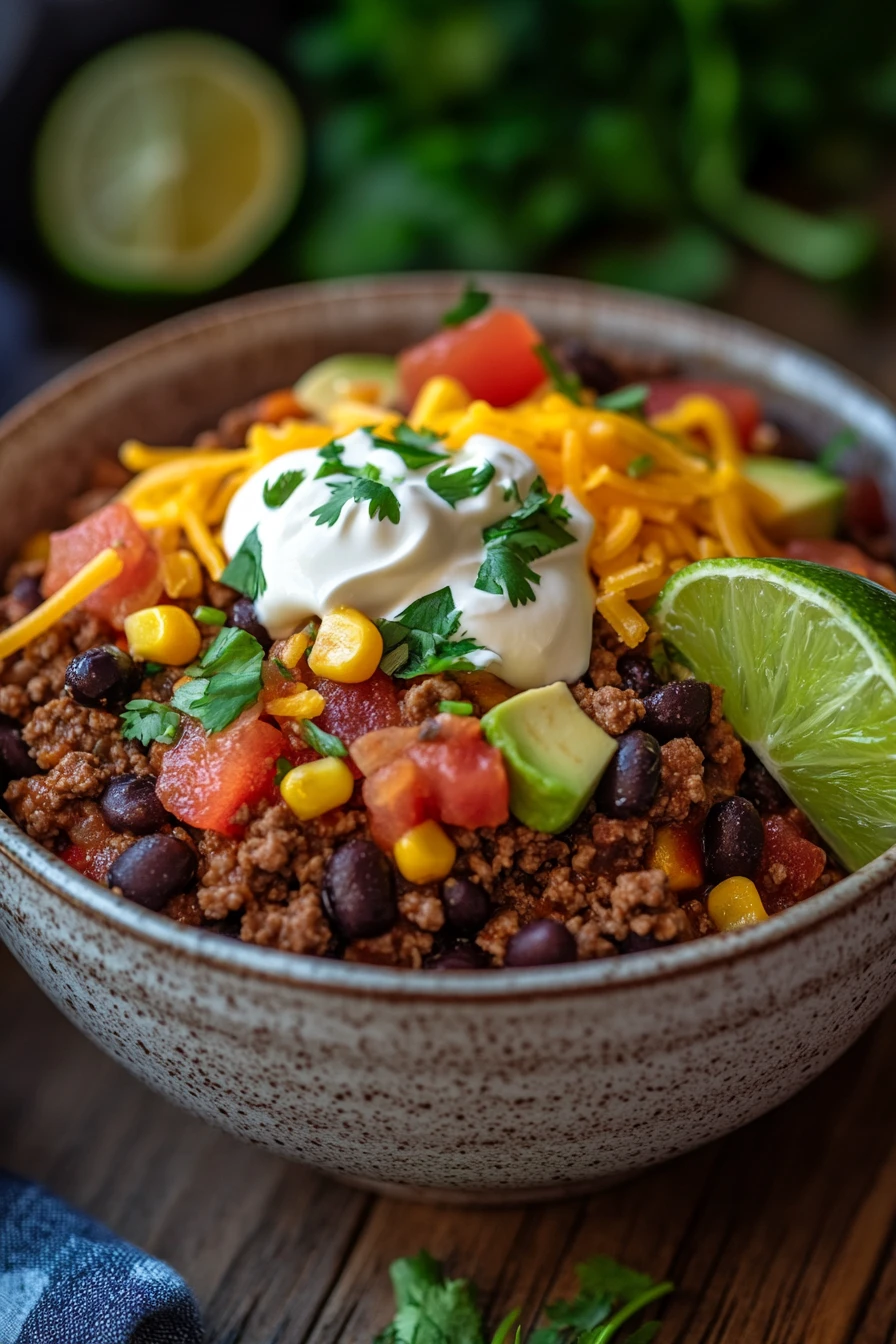 Close-up of ground beef taco bowls with fresh toppings and vibrant colors