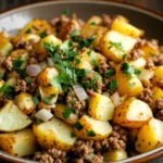 Close-up of ground turkey and potato dish with bright lighting and high contrast.