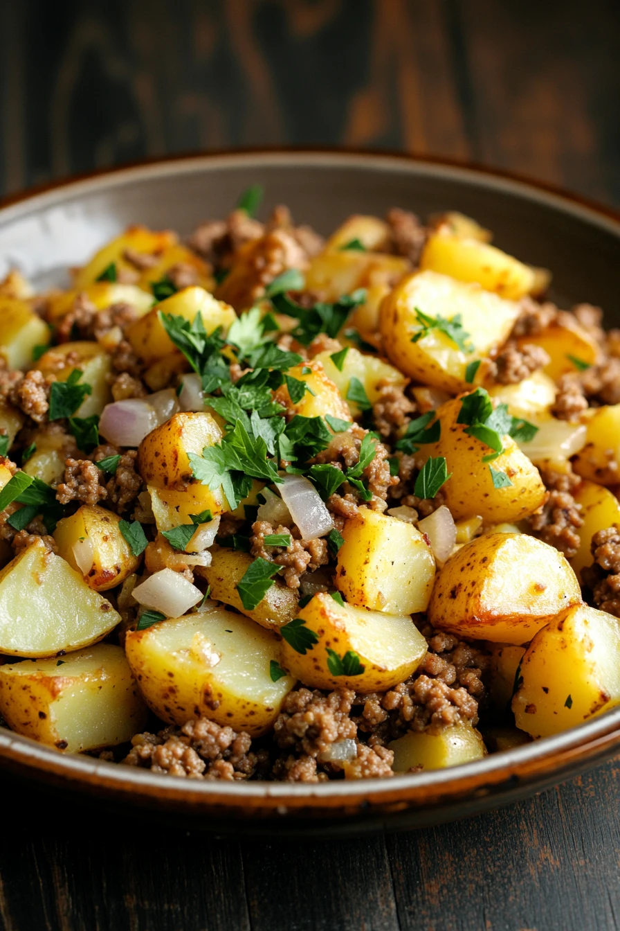Close-up of ground turkey and potato dish with bright lighting and high contrast.